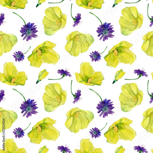 Floral seamless pattern of wild flowers painted in watercolor.