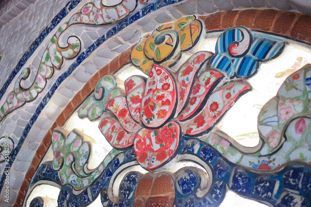 Detail mosaic close up in the Linh Phuoc Pagoda at Da Lat City, Lam Dong province, Vietnam.