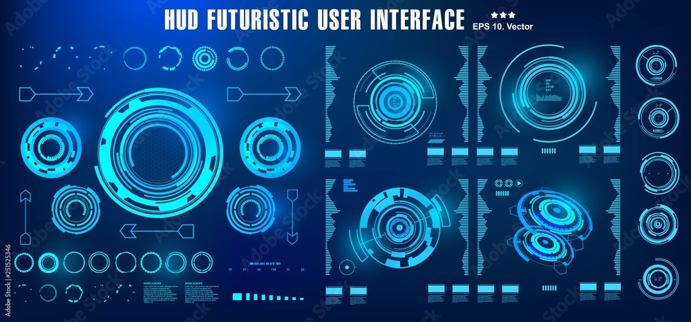 Dashboard blue display virtual reality technology screen. HUD futuristic user interface, target Dashboard blue display virtual reality technology screen. HUD futuristic user interface, target