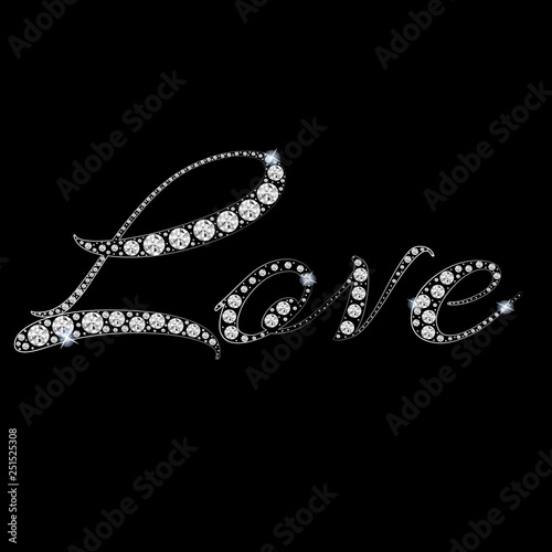 Love - slogan with rhinestones and branches. Beautiful print for t-shirts, textiles and postcards. The text is written with crystals on black background. Vector illustration.