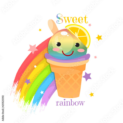 Icon of ice cream in the style of kawaii with pink cheeks. Nice print for t-shirts. Lemon ice cream. Summer design of rainbow ice cream with lemon. Children s textiles. Vector illustration. 