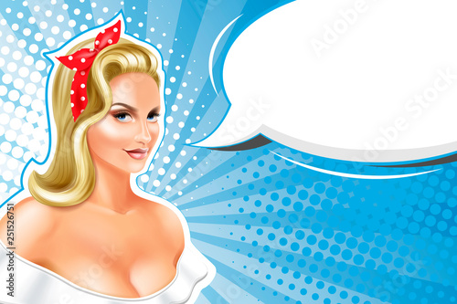 Sexy blonde woman, pin up style, retro background.