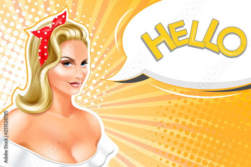 Sexy blonde woman, pin up style, retro background.