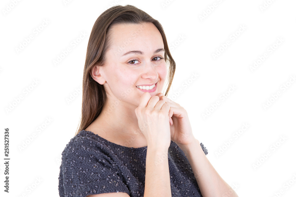 Attractive young woman smiling resting her chin on her hands Attractive young woman smiling resting her chin on her hands