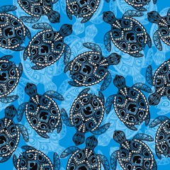 Wandcirkels Zee patronen Schildpadden zwemmend in blauwe oceaan  © ksysha