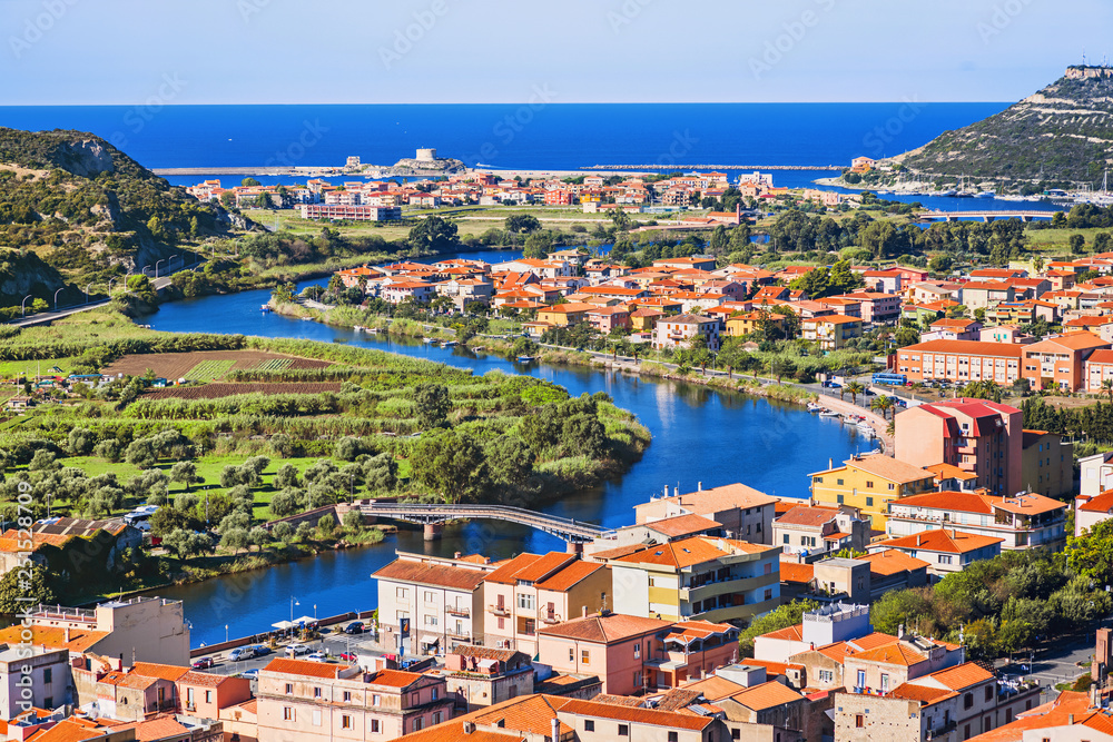 Italian vacations. Beautiful view of Bosa town with sea at background. Sardinia island, Italy. Popular travel destination