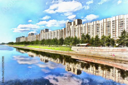 Multistorey buildings of Novosmolenskaya Embankment on the river Smolenka