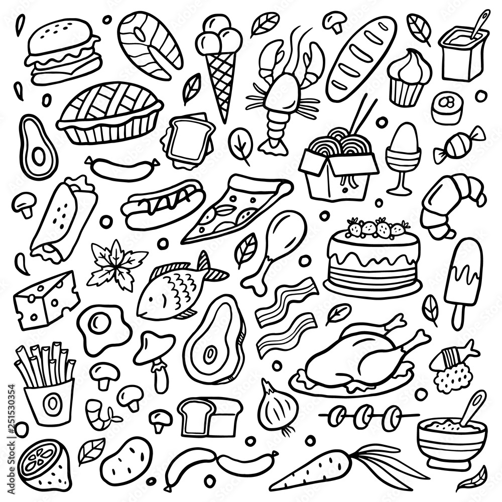 Black and white food poster. Handdrawn illustration with many