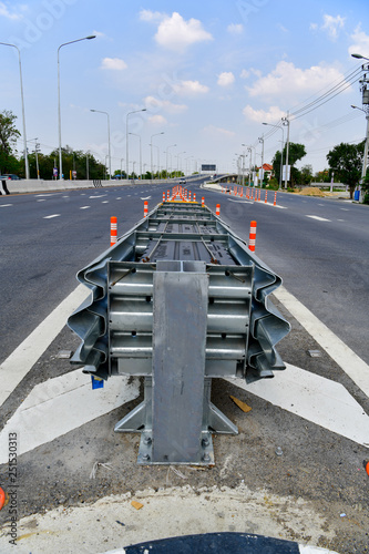 Crash Cushion on the road. Anchorless Non-Redirective Impact Attenuator. photo