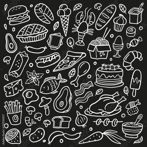 Black and white doodle set with food. Seafood, meat, burgers, noodle, vegetables and sweets. Vector hand-drawn food illustration. Good for site, menu, flyer or banner.