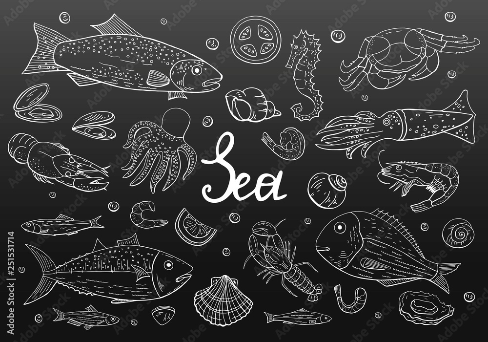 Hand drawn vintage seafood set on black backround. Vector engraved seafood, fish and vegetables