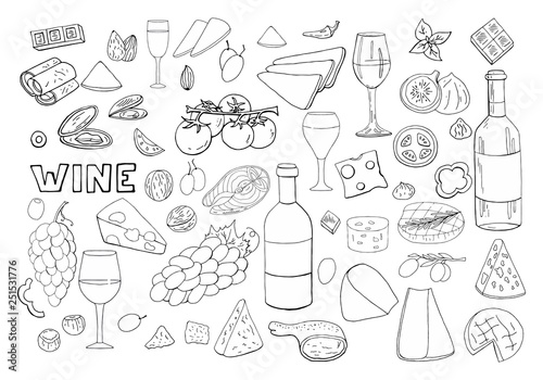 Bid hand drawn set with wine, different cheese, grape, vegetables isolated on white background. Vector doodle wine outline set