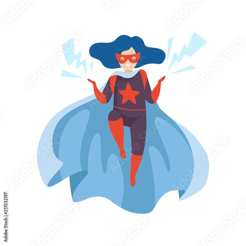 Cute Girl Wearing Superhero Costume, Super Child Character in Mask and Blue Cape with Lightnings Vector Illustration