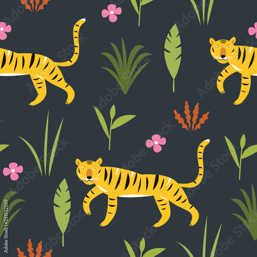 Tiger in Jungle among palm leaves, seamless pattern, vector illustration