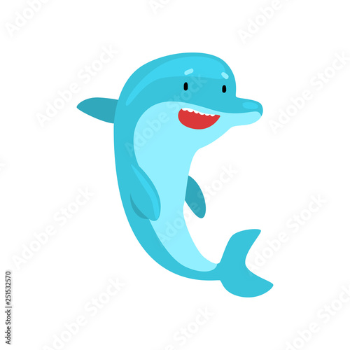 Dolphin Happily Jumping Out of Water, Cartoon Sea Animal Character Vector Illustration