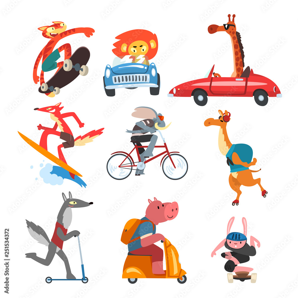 Collection of Funny Animal Characters Using Various Types of Vehicles ...
