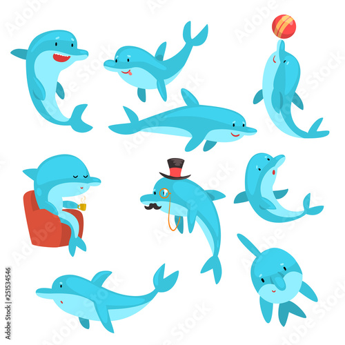 Cute Dolphins Set, Cartoon Sea Animal Characters Swimming, Jumping, Playing Vector Illustration