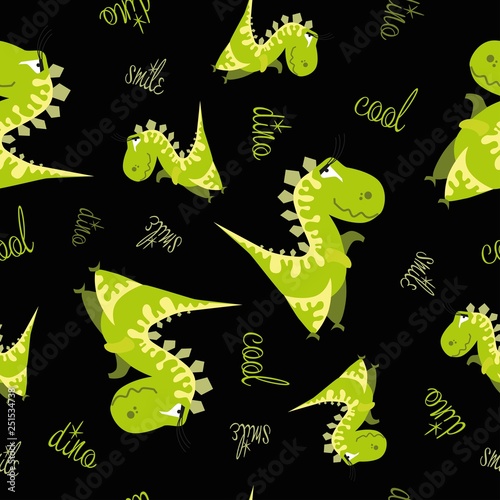 Seamless dinosaur pattern. Animal black background with green dino. Vector illustration.