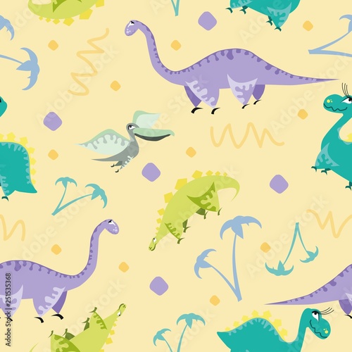 Seamless dinosaur pattern. Animal yellow background with colorful dino. Vector illustration.