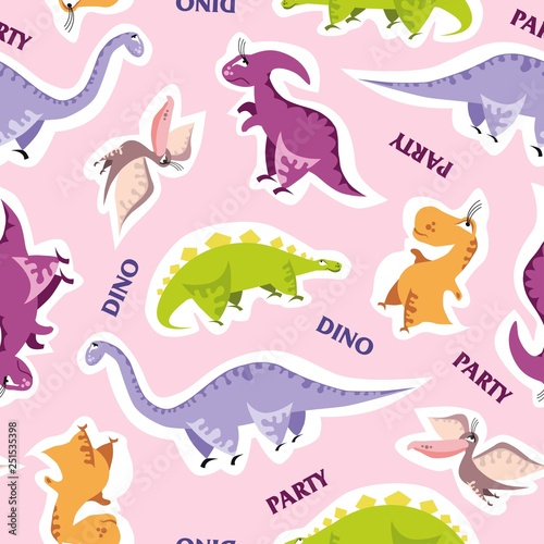 Seamless dinosaur pattern. Animal pink background with colorful dino. Vector illustration.