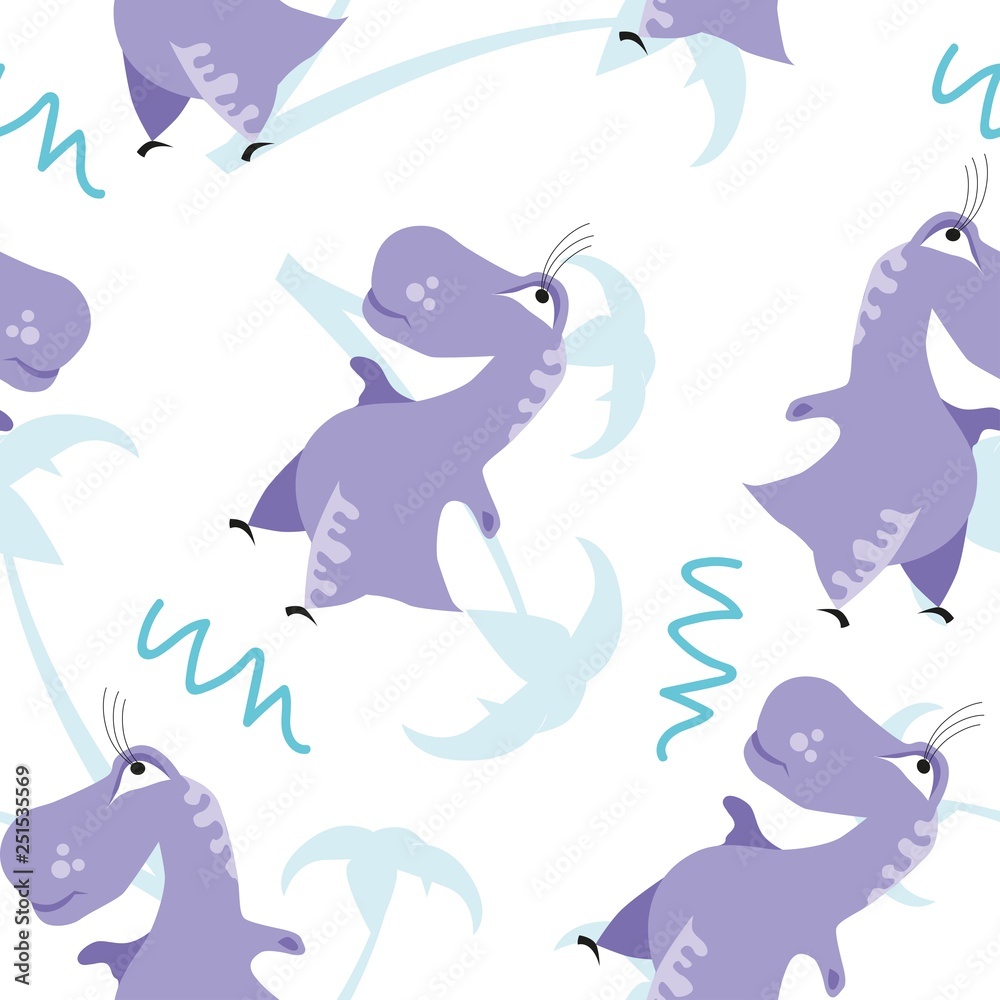 Fototapeta premium Seamless dinosaur pattern. Animal white background with violet dino. Vector illustration.