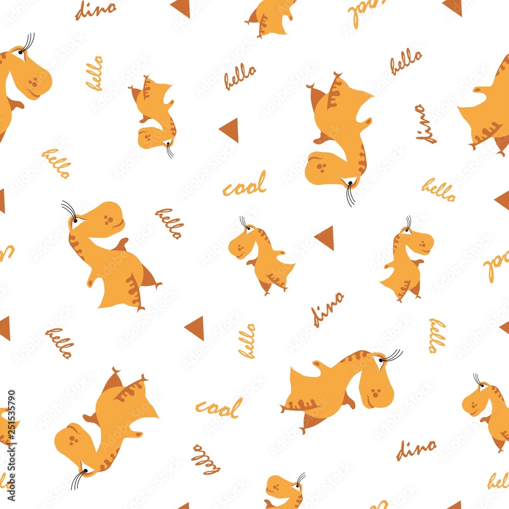 Seamless dinosaur pattern. Animal white background with orange dino. Vector illustration.