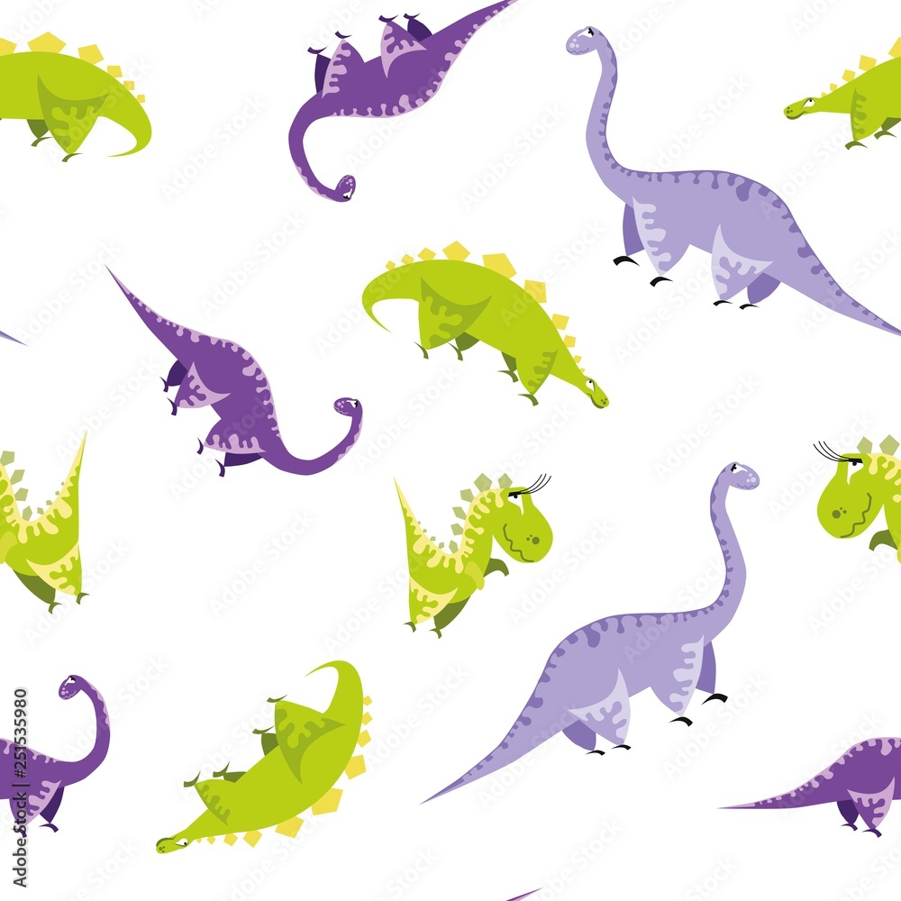 Seamless dinosaur pattern. Animal white background with colorful dino. Vector illustration. Seamless dinosaur pattern. Animal white background with colorful dino. Vector illustration.