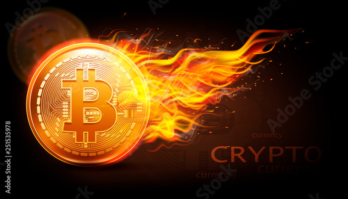 Crypto currency background with bitcoin and fire photo