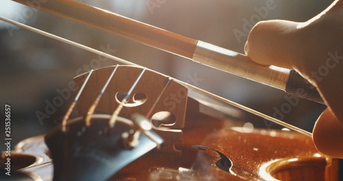Canvas Print Artistic macro close up of master artisan luthier playing with a bow on a handmade violin or cello
