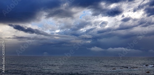 Panoramic ocean storm dark skies background