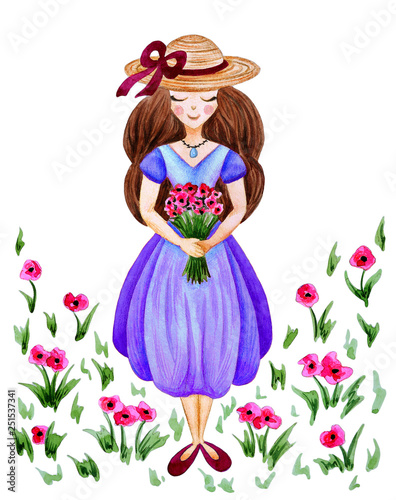 Illustration of watercolor hand drawn cute girl with Spring flowers on white floral background. Romantic woman with hat and bouquet. Summer, vintage blue dress, cartoon.