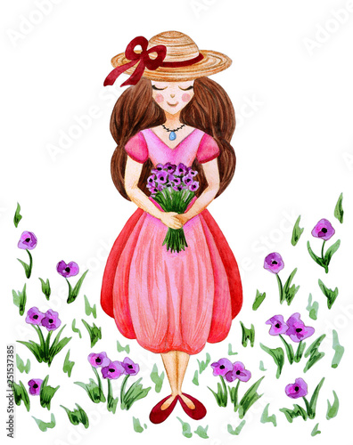 Illustration of watercolor hand drawn cute girl with Spring flowers on white floral background. Romantic woman with hat and bouquet. . Summer, vintage pink dress, cartoon.