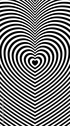 Trendy black and white background with repeating lines in the shape of a heart for your inspiration. 1080 x 1920 px.