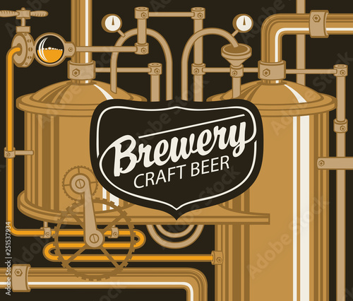 Vector banner for craft beer and brewery, with a calligraphic inscription on the background illustration of the production line of the old brewery in retro style