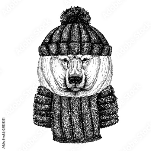Big polar bear, White bear Cool animal wearing knitted winter hat. Warm headdress beanie Christmas cap for tattoo, t-shirt, emblem, badge, logo, patch