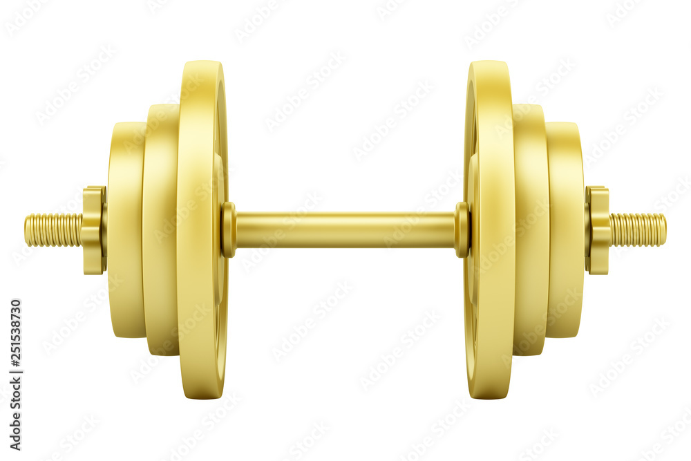 Fototapeta premium golden dumbbell isolated on white background. 3d illustration