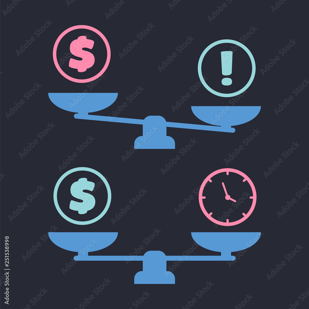 Time and money on scales. Vector scale illustration Time and money on scales. Vector scale illustration