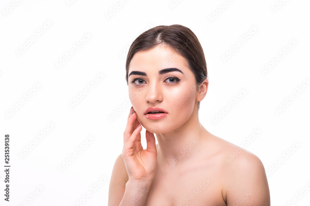 Young woman with beautiful makeup isolated on white background. Youth and skin care concept Young woman with beautiful makeup isolated on white background. Youth and skin care concept