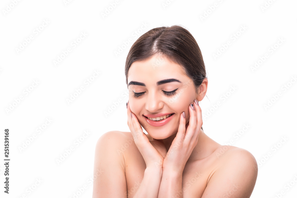 Healthy skin beautiful woman face close up clean skin beauty plastic surgery isolated on white background Healthy skin beautiful woman face close up clean skin beauty plastic surgery isolated on white background