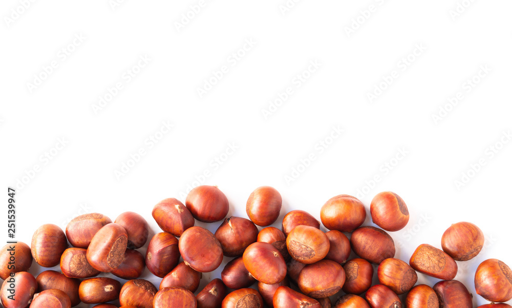 Closeup top view horse chestnuts isolated on white background, healthy food concept Closeup top view horse chestnuts isolated on white background, healthy food concept