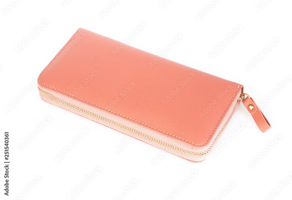Closeup modern orange woman wallet fashion on white background Closeup modern orange woman wallet fashion on white background