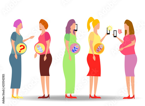 A group of pregnant women looking for answers in smartphones. question answer online doctor