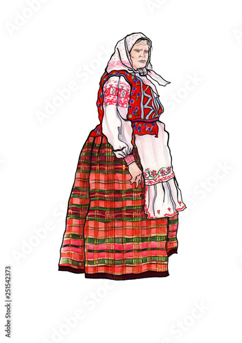 Old woman in belarusian national costume. Isolated watercolor illustration. Traditional local attire: white chemise with embroidered red patterns, skirt, apron,vest and head skarf. Eastern Europe.