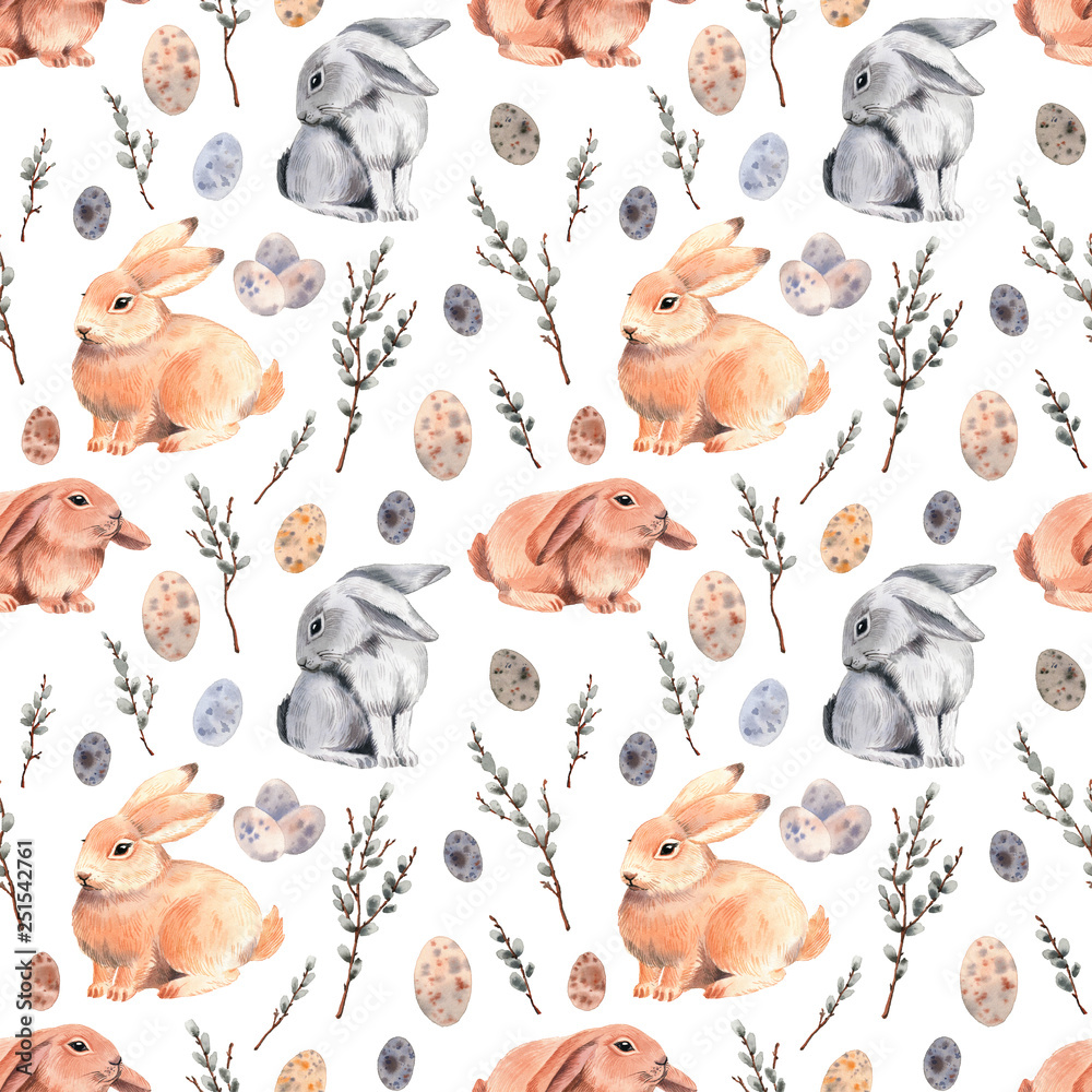 Obraz premium Watercolor pattern with cute Easter bunnies. Happy Easter.