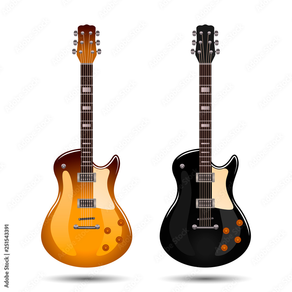 Fototapeta premium Bright realistic set of colored electric guitars. vector illustration isolated