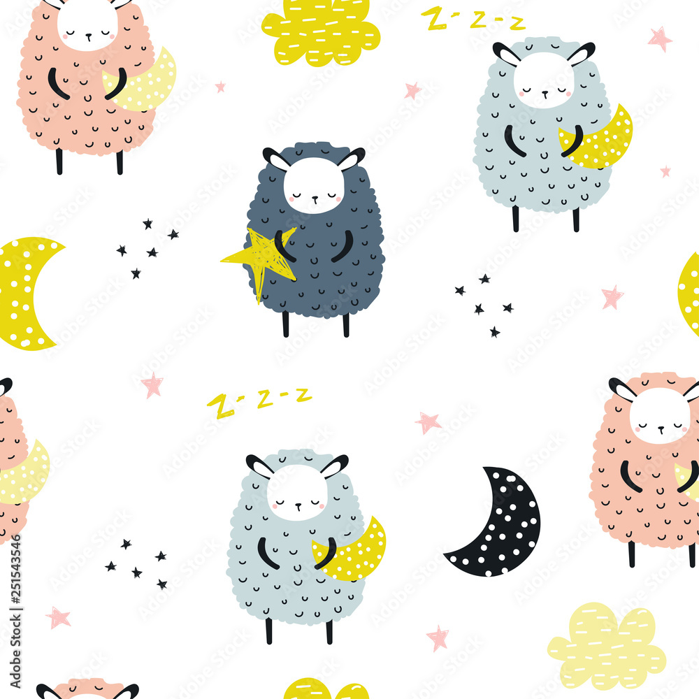 Seamless pattern with sheep and moon. Kids bedtime print. Vector hand drawn illustration.