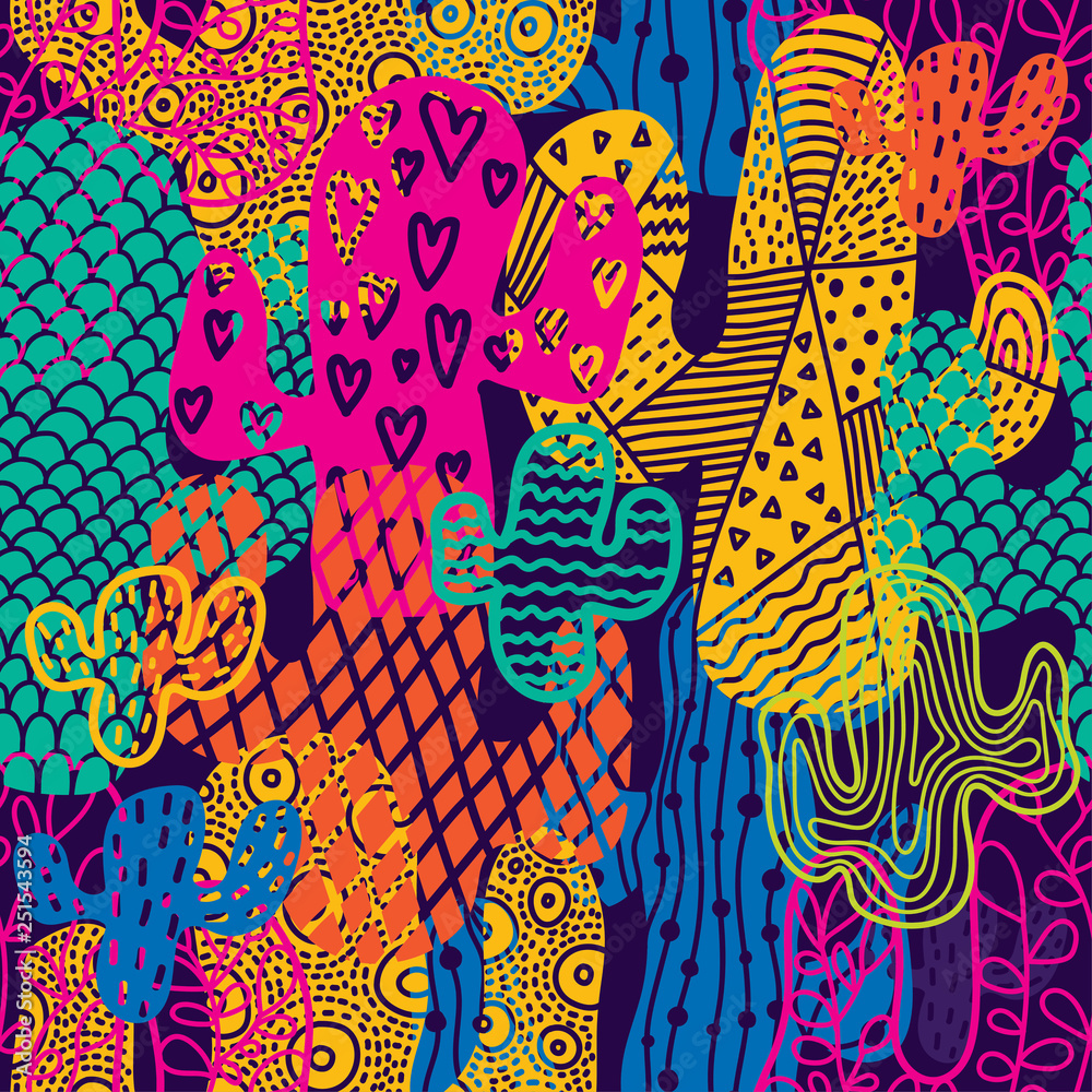 Cute cactus. Colorful seamless pattern.