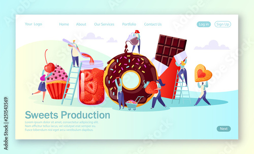 Concept of landing page with sweets food production. Flat people characters making tasty cupcake, chocolate and cookies, handmade organic strawberry jam in a large glass jar, woman pours glaze.