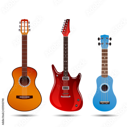 Set of different bright realistic guitars. Retro acoustic guitar, electric rock guitar and a little blue ukulele. flat vector illustration isolated
