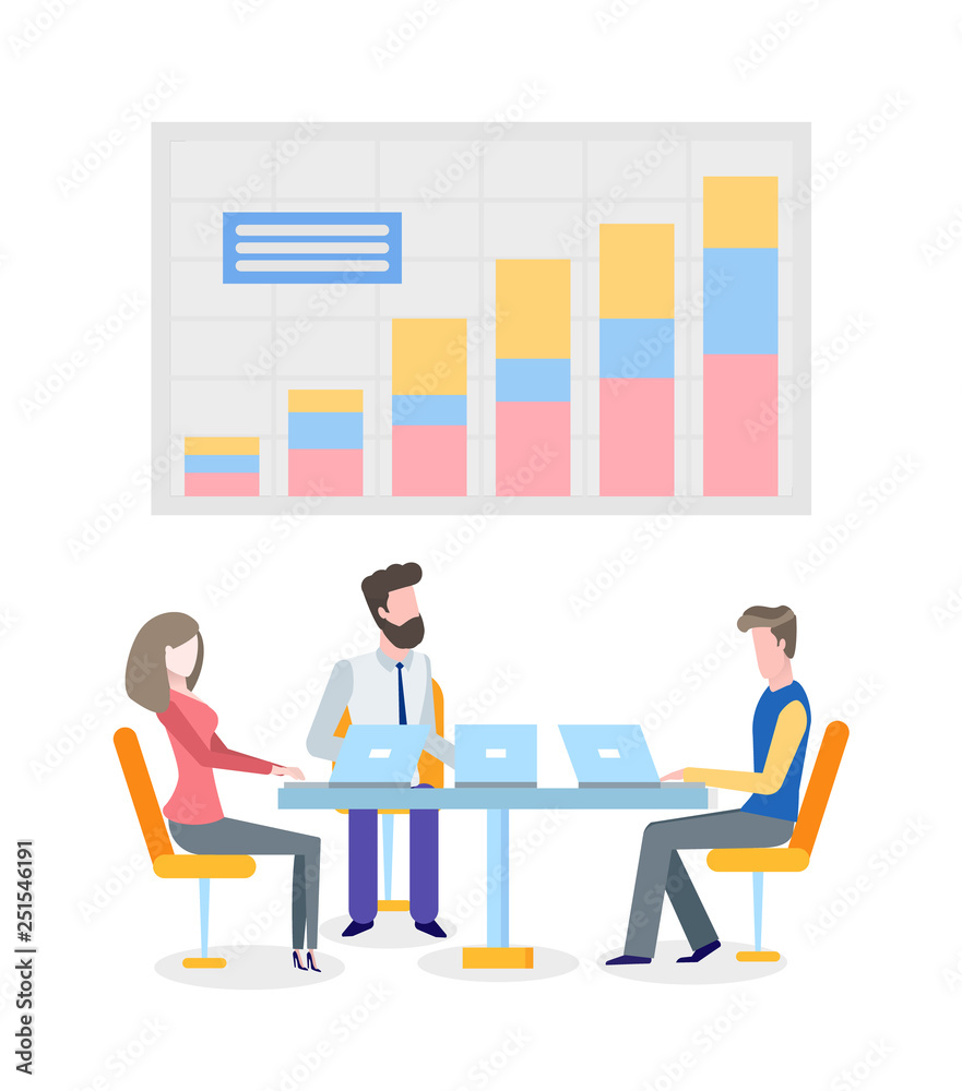 People discussing business problems finding solution vector. Workers with laptops talking about graphics, projects results information on chart board